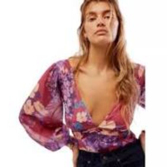 Free People Intimately Wanderlust Floral Bodysuit Top New With Tags Wine Boho S - Picture 1 of 4